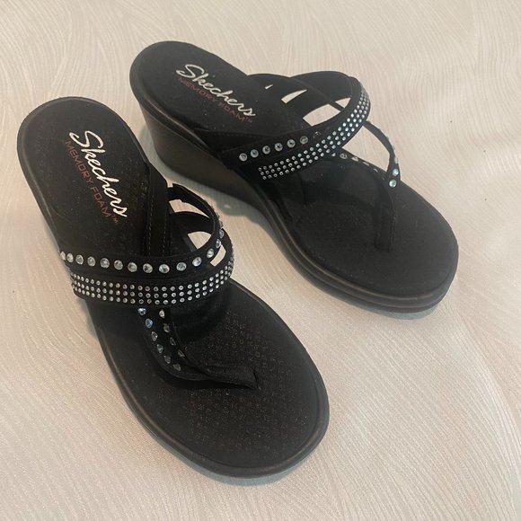 Skechers Shoes - Sketchers Memory Foam Black flip-flops with rhinestones NWOT